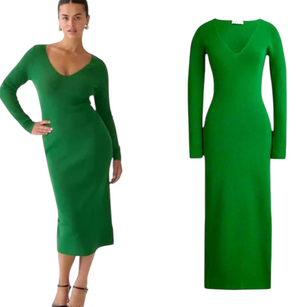 J. Crew Jungle Green Long Sleeve V-Neck Ribbed Midi Sweater Dress - L